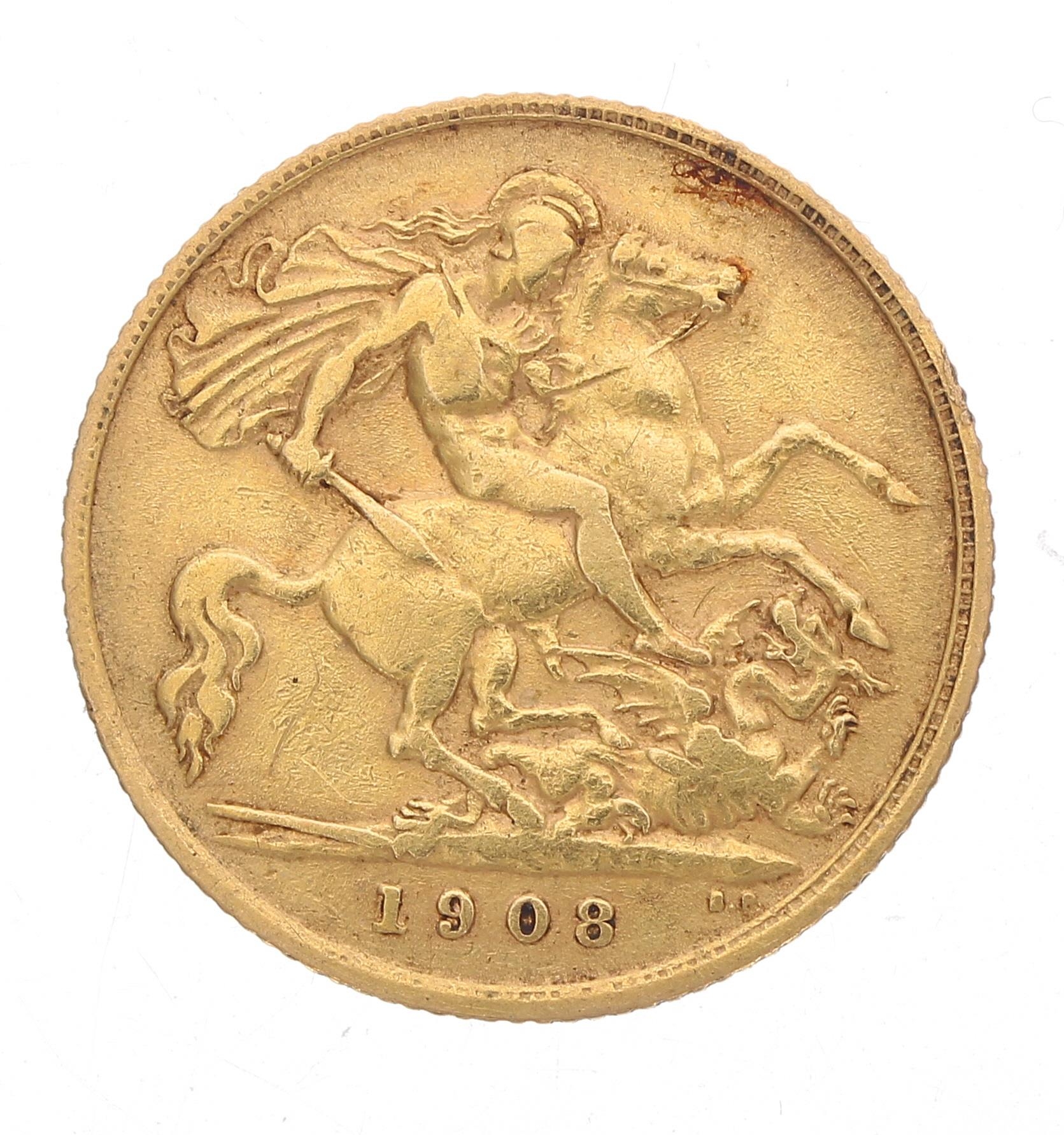 Edward VII 1908 half sovereign coin in a 9ct brooch mount, with safety chain, 6.3gm, 25mm dimeter - Image 4 of 4