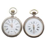 Two silver (0.800) cylinder engraved pocket watches for repair, 46mm