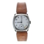 Silver cushion cased wire-lug gentleman's wristwatch, import hallmarks Edinburgh 1926, enamel dial