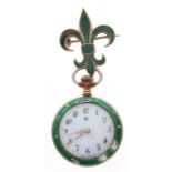 Swiss gilt metal and green enamel cylinder fob watch, the three quarter plate movement signed B.