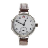 Silver wire-lug gentleman's wristwatch, London 1922, enamal dial with Arabic numerals, red twelve,