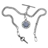 Silver curb double watch Albert chain, with two silver clasps, silver T-bar, silver and enamel '