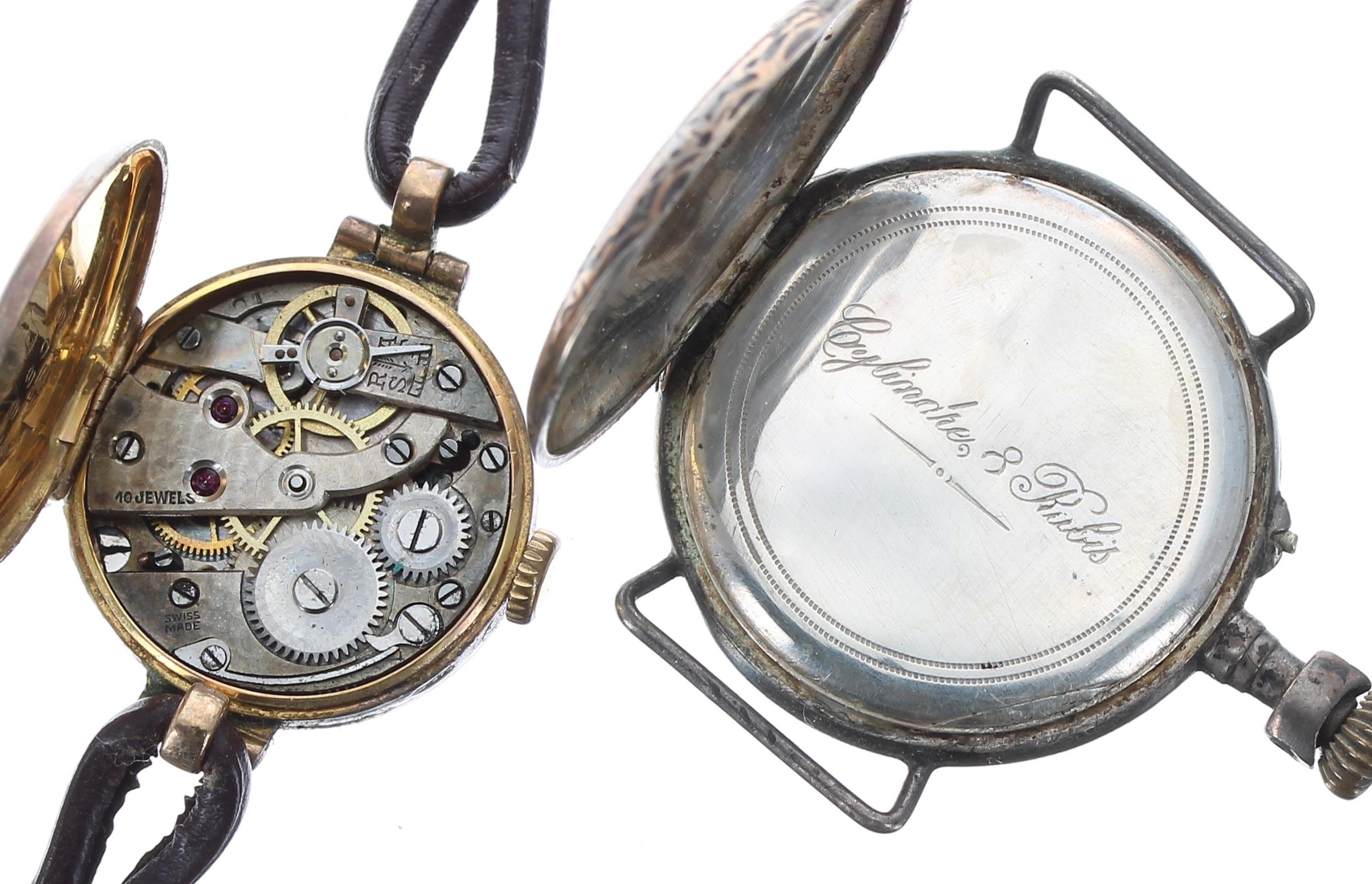 9ct ladies wristwatch for repair, import hallmarks London 1924, silvered dial, hinged case, brown - Image 3 of 5