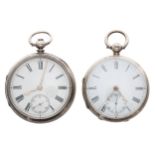 Two silver fusee lever engine turned pocket watches, 47mm and 49mm