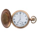 Swiss gold plated lever hunter pocket watch, 15 jewel movement, hinged cuvette, within a plain