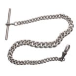 Silver graduated curb link watch Albert chain, with silver T-bar and clasp, each link hallmarked,