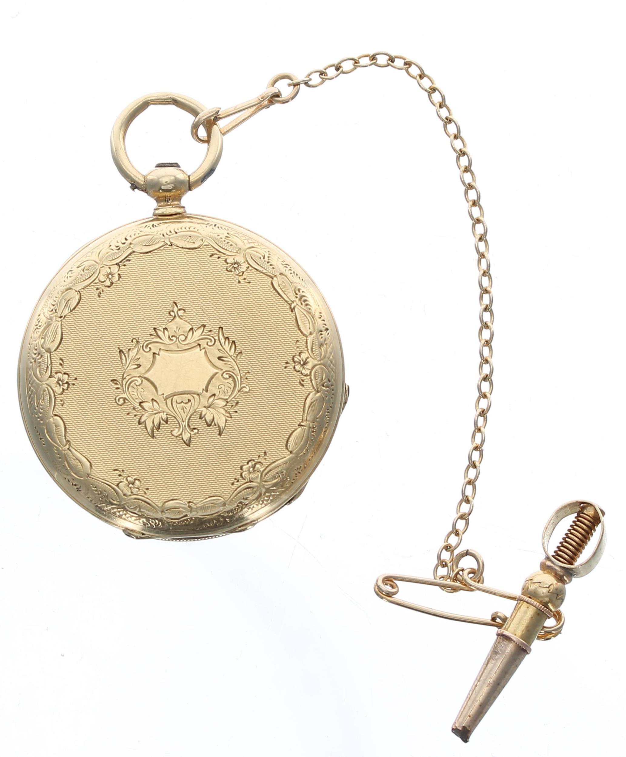 Attractive small 18k Continental cylinder hunter fob watch, gilt frosted bar movement, inscribed