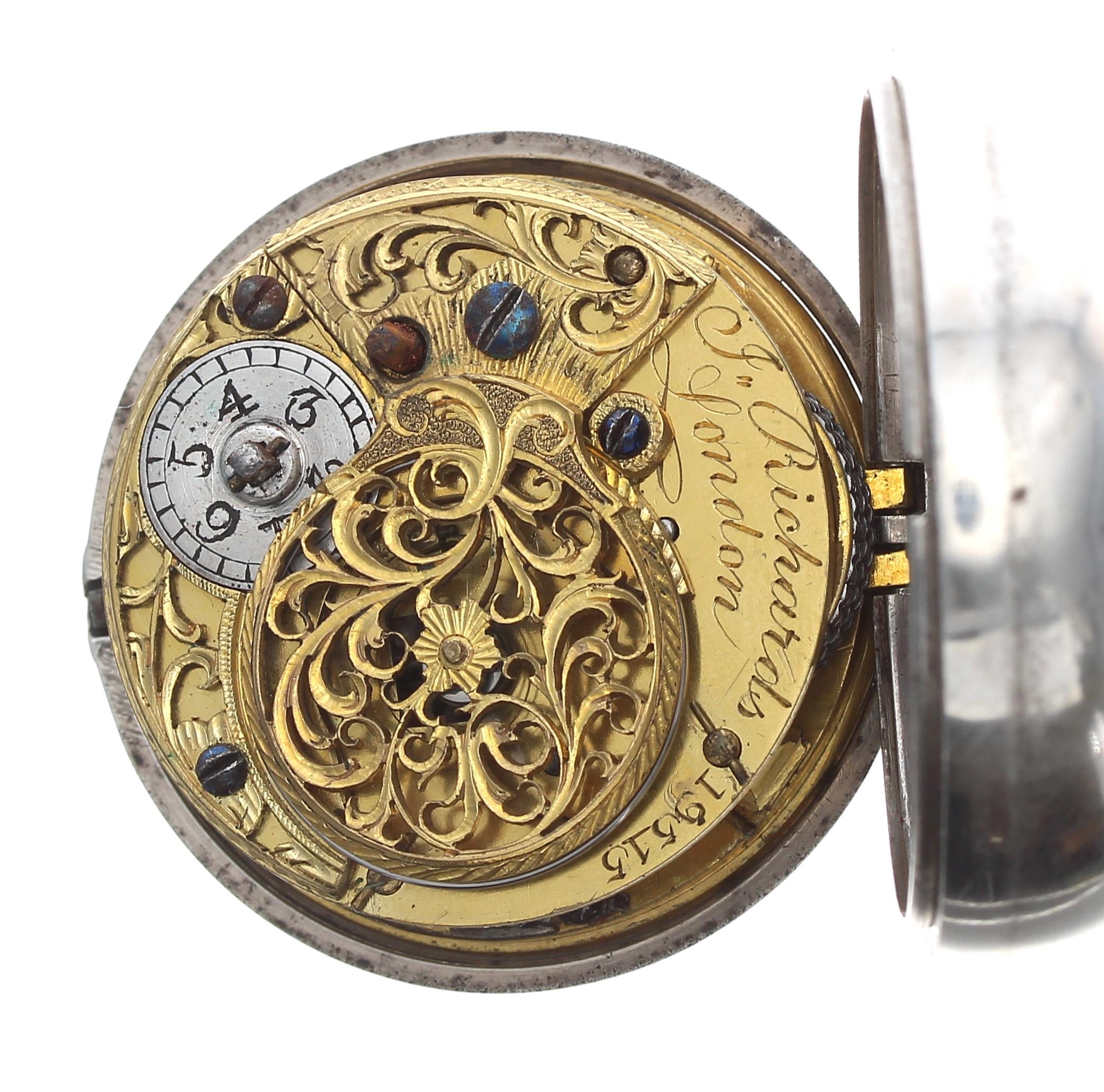 George III silver pair cased verge pocket watch, London 1775, the fusee movement signed J. Richards, - Image 5 of 5