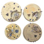 Four pocket watch movements for repair to include Baraud & Lunds fusee lever, E.J. Dent fusee lever,