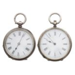 Two silver cylinder engraved fob watches, 39mm and 40mm (one in need of attention)