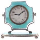 Asprey silver and blue enamel eight day boudoir clock, the 2" silvered dial and shaped surround