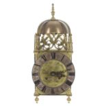 Brass lantern clock, the eight day ting-tang quarter strike on two bells and the movement back plate