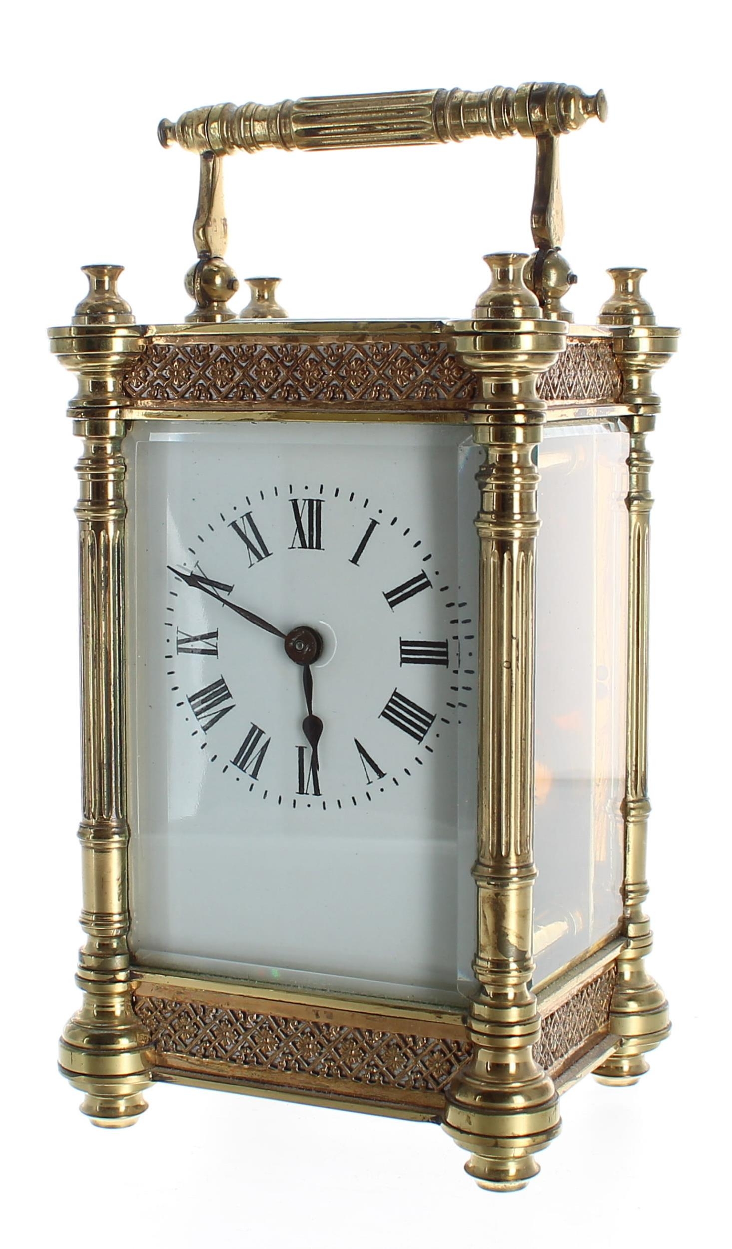 Carriage clock timepiece, within a fancy filigree banded and pillared case, 6.25" high (key) - Image 2 of 4