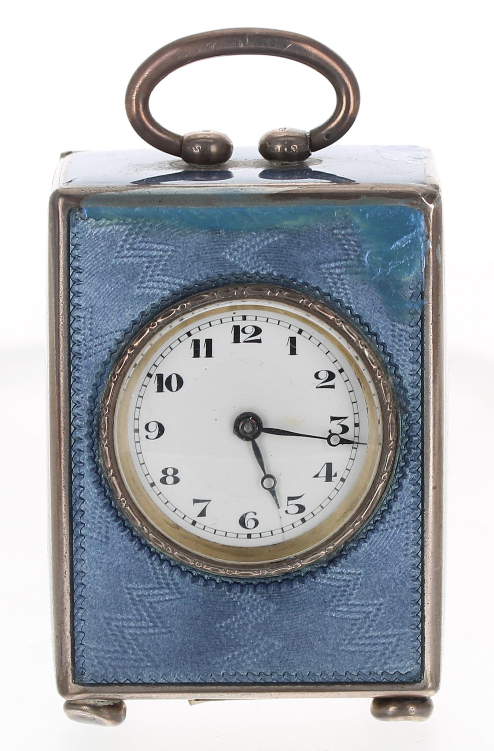 French silver and blue enamel miniature carriage clock timepiece, the base stamped with the maker' - Image 2 of 5