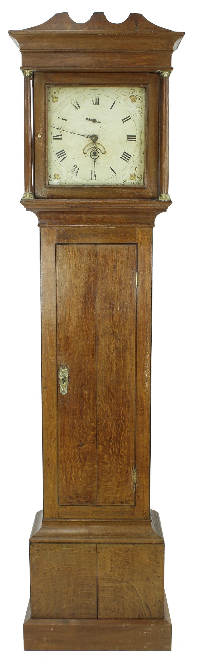 Oak thirty hour longcase clock, the 12" square painted dial indistinctly signed and with