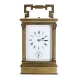 Good repeater carriage clock with alarm, the movement striking with two hammers on a single gong and