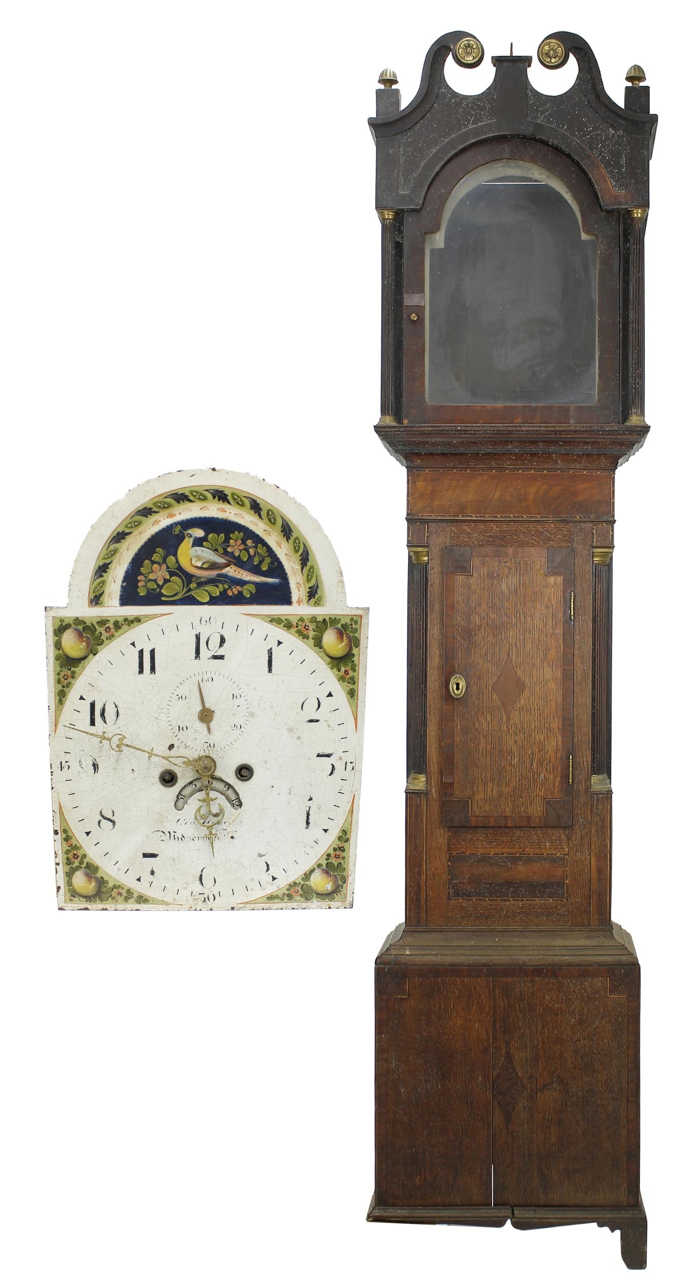 Oak thirty hour longcase clock, the 12" painted arched dial indistinctly signed with subsidiary