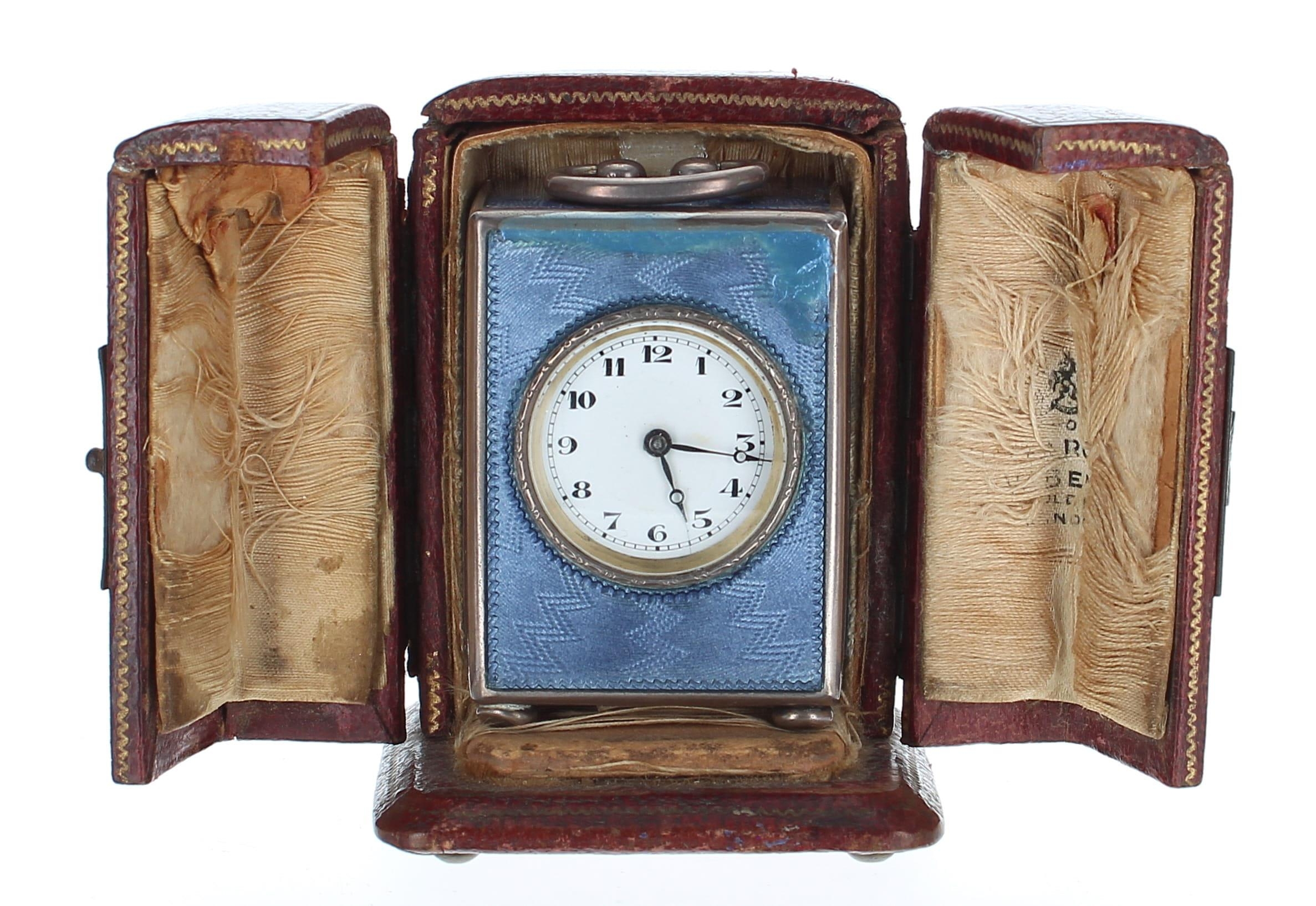 French silver and blue enamel miniature carriage clock timepiece, the base stamped with the maker'