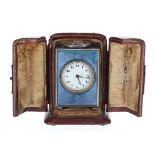 French silver and blue enamel miniature carriage clock timepiece, the base stamped with the maker'