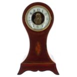 Good mahogany inlaid Eureka balloon electric mantel clock, the 4.75" cream chapter ring enclosing