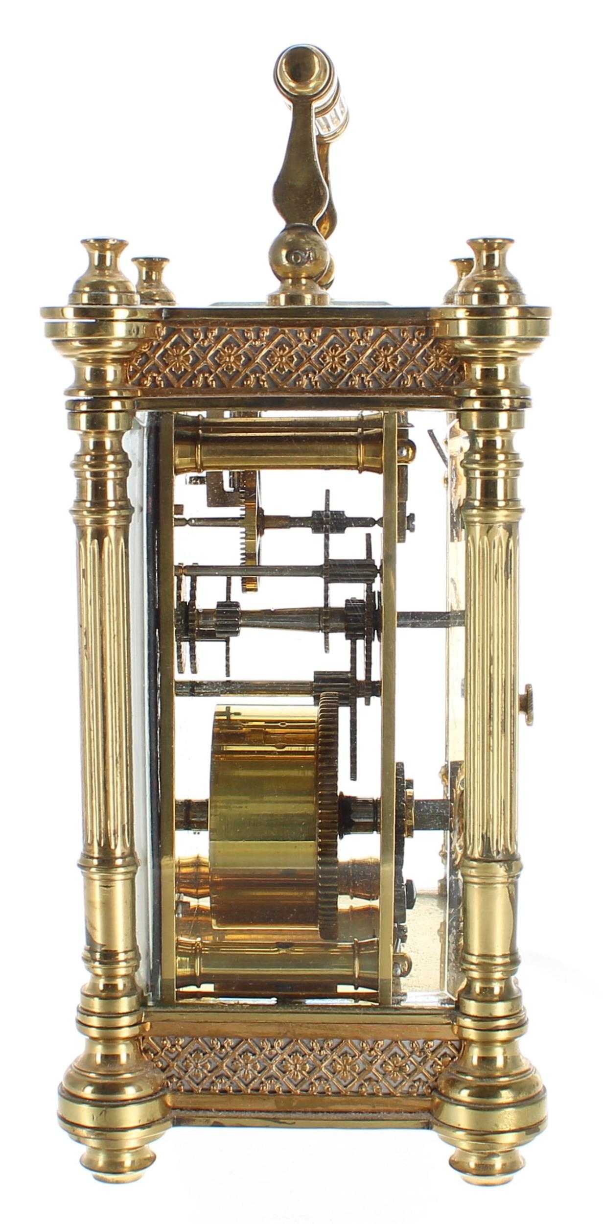 Carriage clock timepiece, within a fancy filigree banded and pillared case, 6.25" high (key) - Image 3 of 4