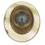 Good green onyx and ormolu boudoir desk strut clock, the 2.75" silvered dial within a fine foliate