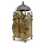 Rare early continental brass verge lantern clock, the 6.25" brass chapter ring enclosing a foliate