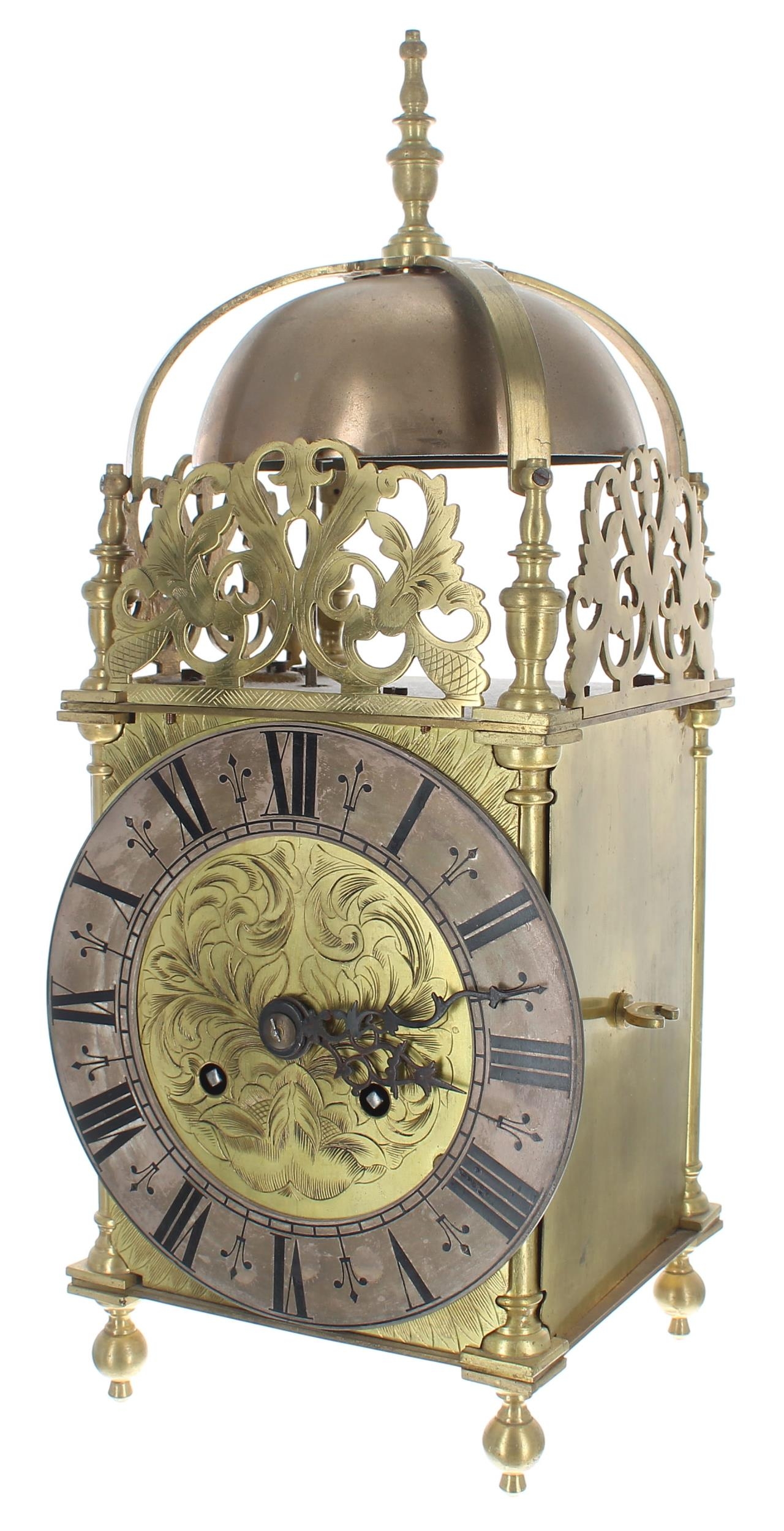 Brass lantern clock, the eight day ting-tang quarter strike on two bells and the movement back plate - Image 2 of 6