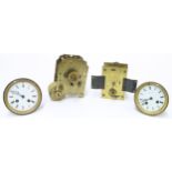 Old single fusee movement with shaped plates, 6.25" high; also two old French movements and