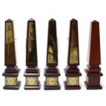 Four contemporary miniature obelisk wooden and brass sundials, 10.5" high; also another obelisk