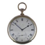 Good brass oversize pocket watch, the movement back plate and 3" silvered dial with subsidiary