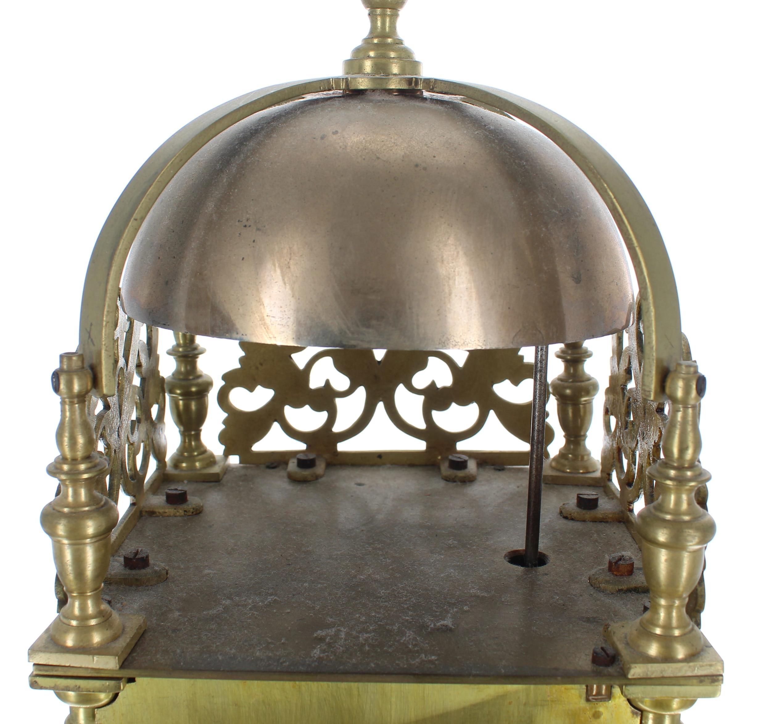 Brass lantern clock, the eight day ting-tang quarter strike on two bells and the movement back plate - Image 6 of 6