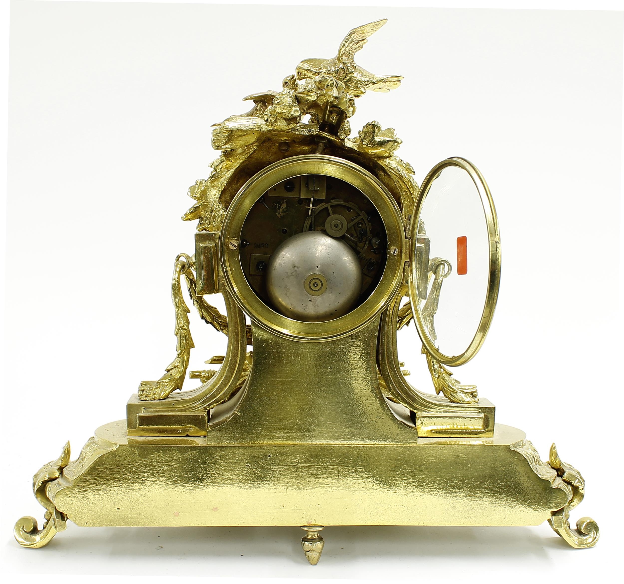 French style gilt metal and porcelain mounted two train mantel clock, the movement with outside - Image 2 of 2