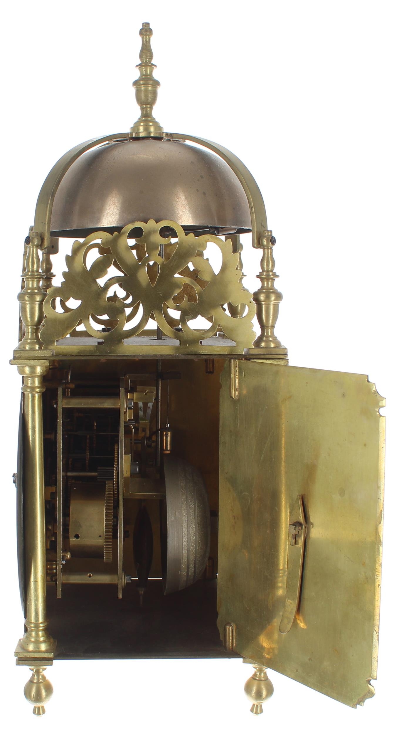 Brass lantern clock, the eight day ting-tang quarter strike on two bells and the movement back plate - Image 3 of 6