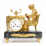 Good French Empire ormolu and green vein marble two train mantel clock, the Japy & Co movement