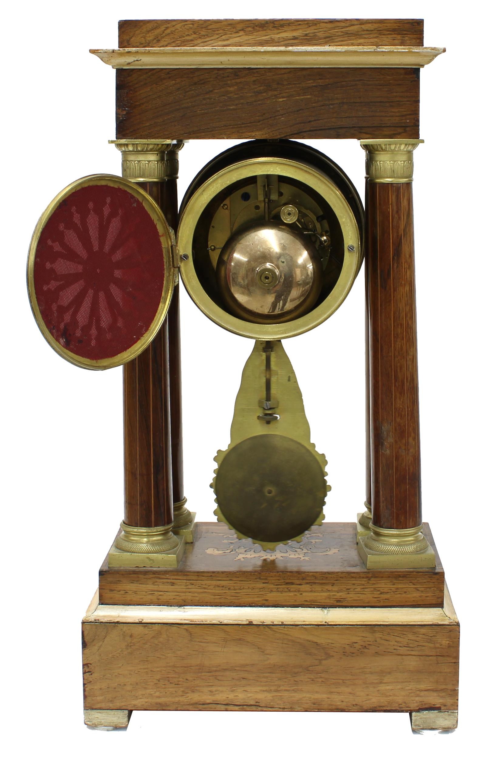 French rosewood portico two train mantel clock, the Japy Freres movement with outside countwheel - Image 2 of 2