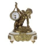 Small French ormolu and white marble figural mantel clock timepiece, the movement with platform