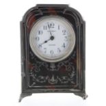 Edwardian French silver and tortoiseshell pique work miniature mantel clock timepiece, the 1.5"