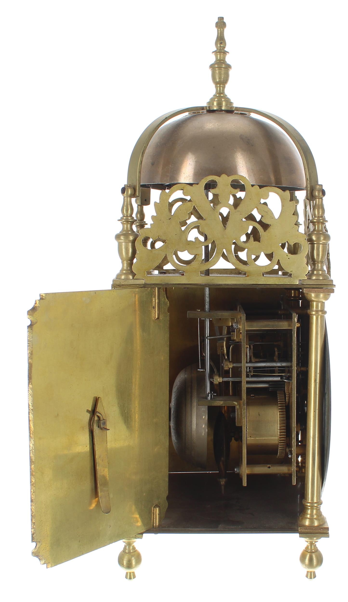 Brass lantern clock, the eight day ting-tang quarter strike on two bells and the movement back plate - Image 5 of 6