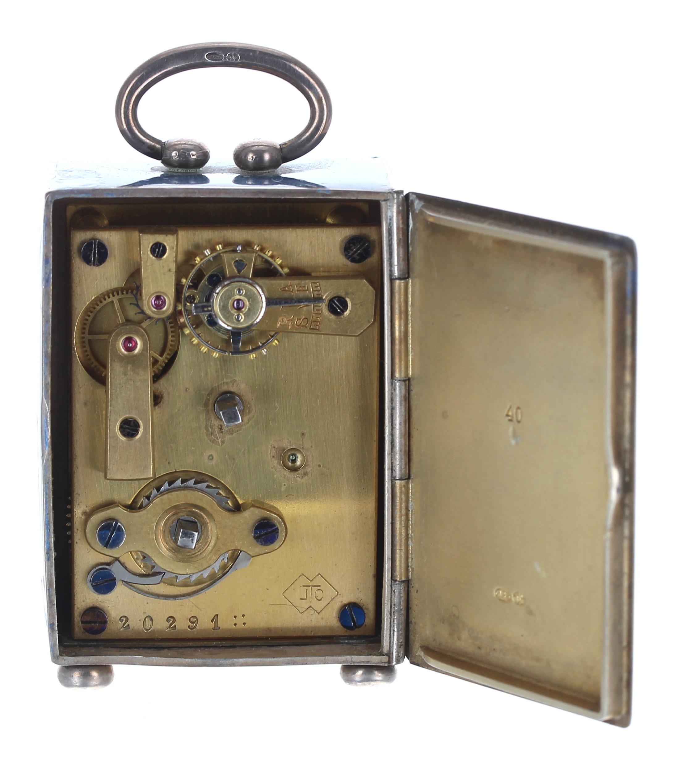 French silver and blue enamel miniature carriage clock timepiece, the base stamped with the maker' - Image 4 of 5