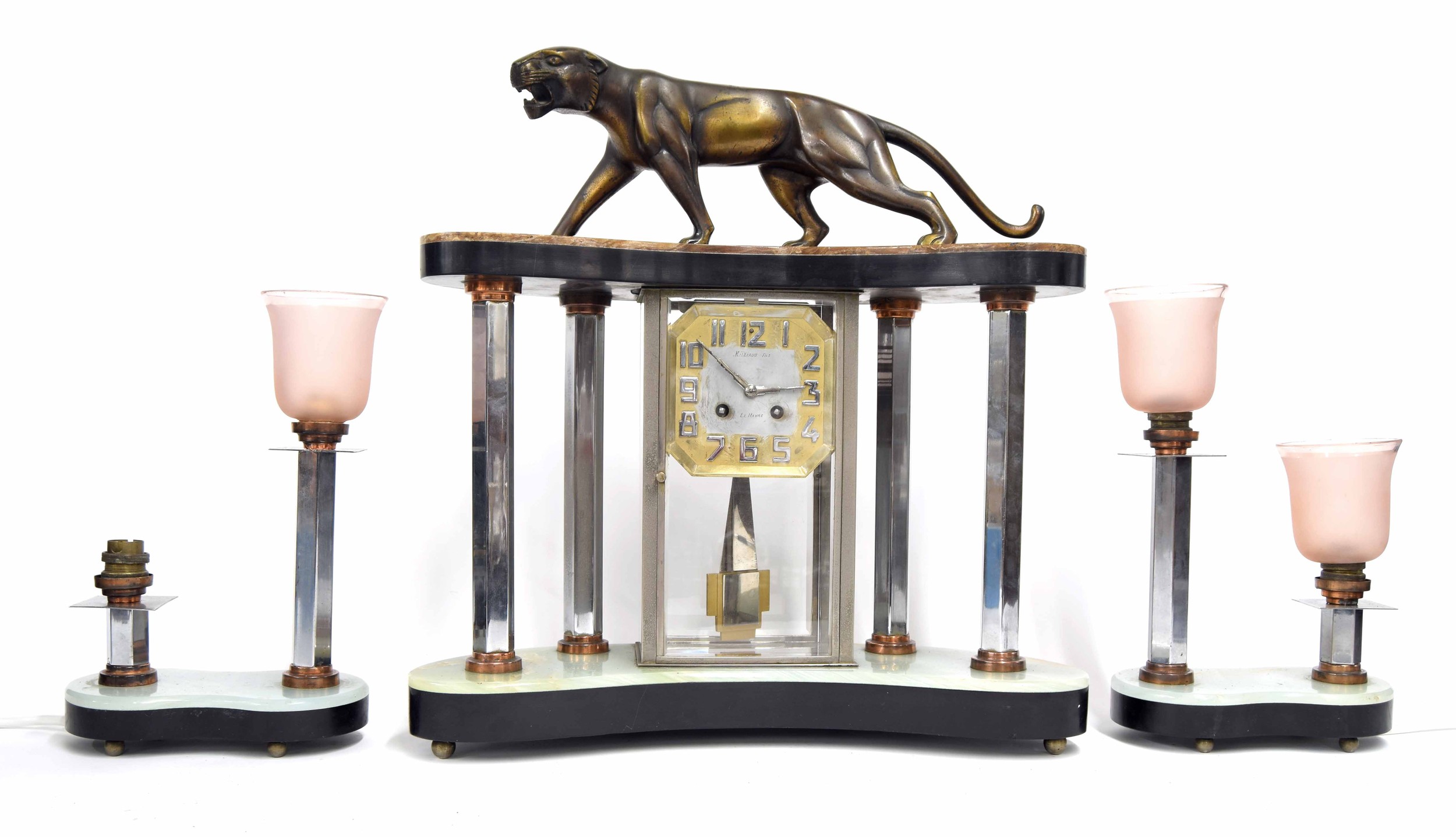 Good French Art Deco coloured marble two train mantel clock garniture, the square dial with canted