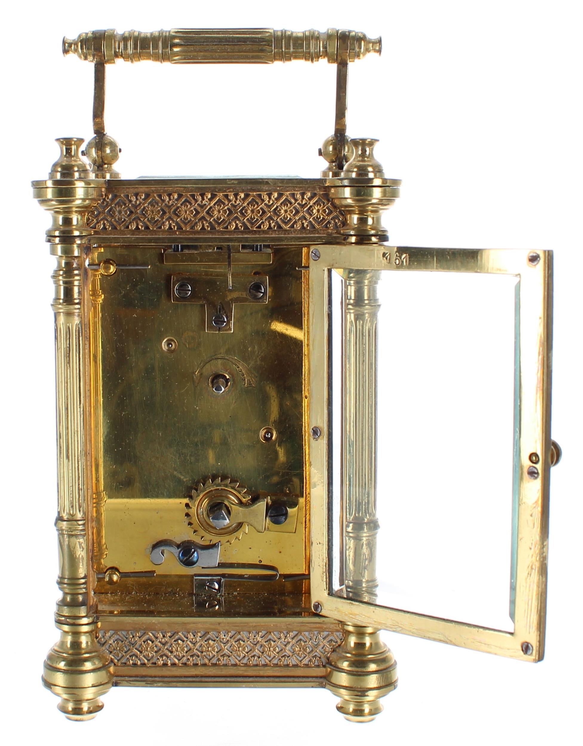 Carriage clock timepiece, within a fancy filigree banded and pillared case, 6.25" high (key) - Image 4 of 4