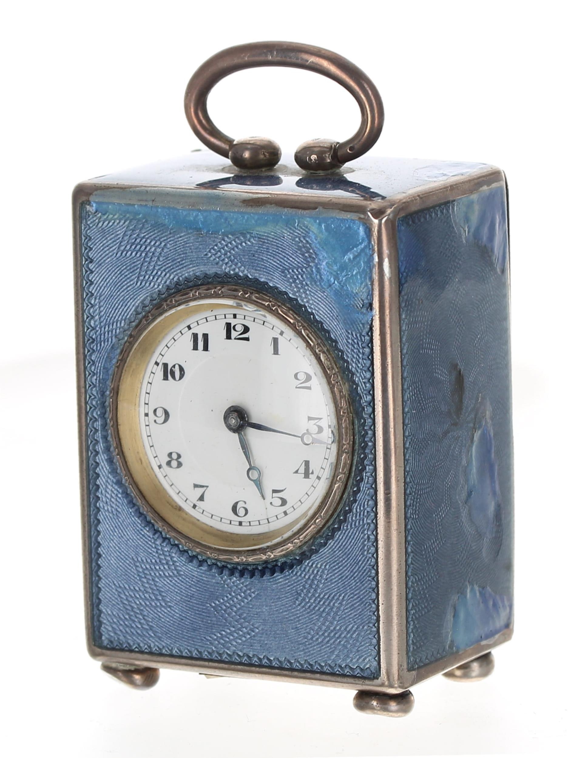 French silver and blue enamel miniature carriage clock timepiece, the base stamped with the maker' - Image 3 of 5
