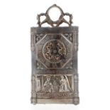 Interesting and unusual silvered gothic carriage clock timepiece, the 2.25" hexagonal chapter ring