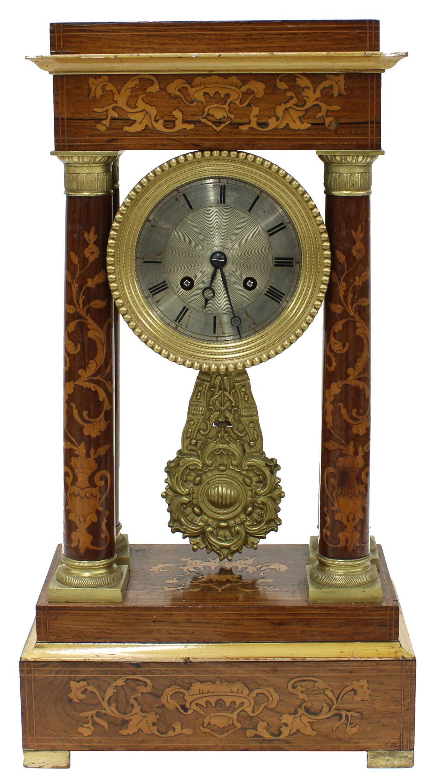 French rosewood portico two train mantel clock, the Japy Freres movement with outside countwheel