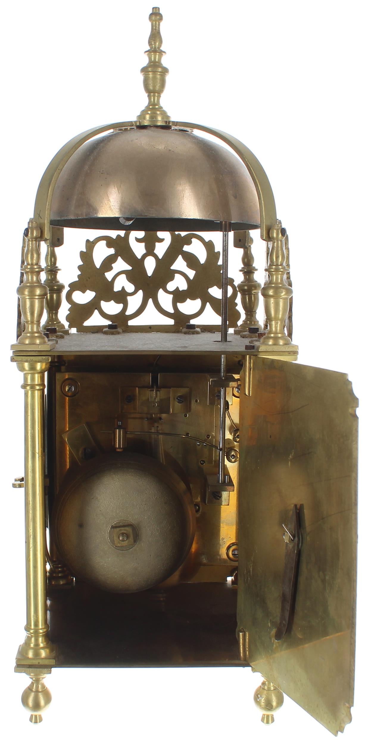 Brass lantern clock, the eight day ting-tang quarter strike on two bells and the movement back plate - Image 4 of 6