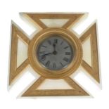 Good ormolu and green onyx novelty strut clock in the form of the Maltese Cross, the 2.5" silvered