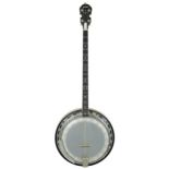 Farmer contemporary four string banjo, with 11" skin and geometric mother of pearl inlay to the
