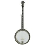 Fine Stelling Staghorn five string banjo, bearing the Stelling trademark sticker to the inside
