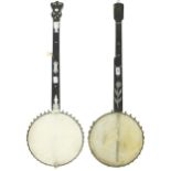Two fretless five string banjos with mother of pearl inlay, both with 11" skins and in need of